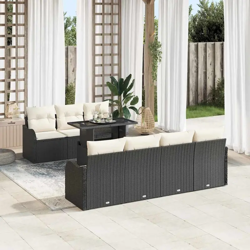 Conjunto de sofá de jardín 8 pcs Negro Rattan de Poliéster