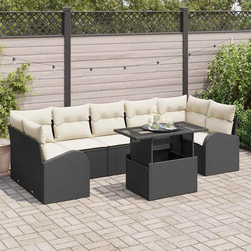 Conjunto de sofá de jardín 8 pcs Negro Rattan de Poliéster