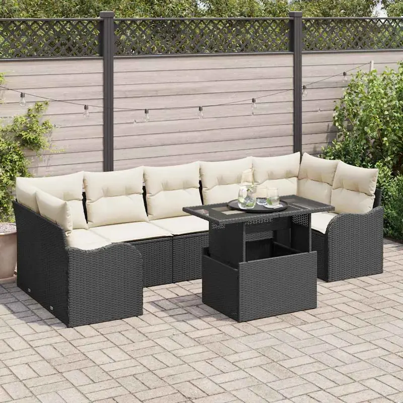 Conjunto de sofá de jardín 8 pcs Negro Rattan de Poliéster