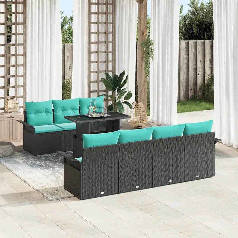 Conjunto de sofá de jardín 8 pcs Negro Rattan de Poliéster
