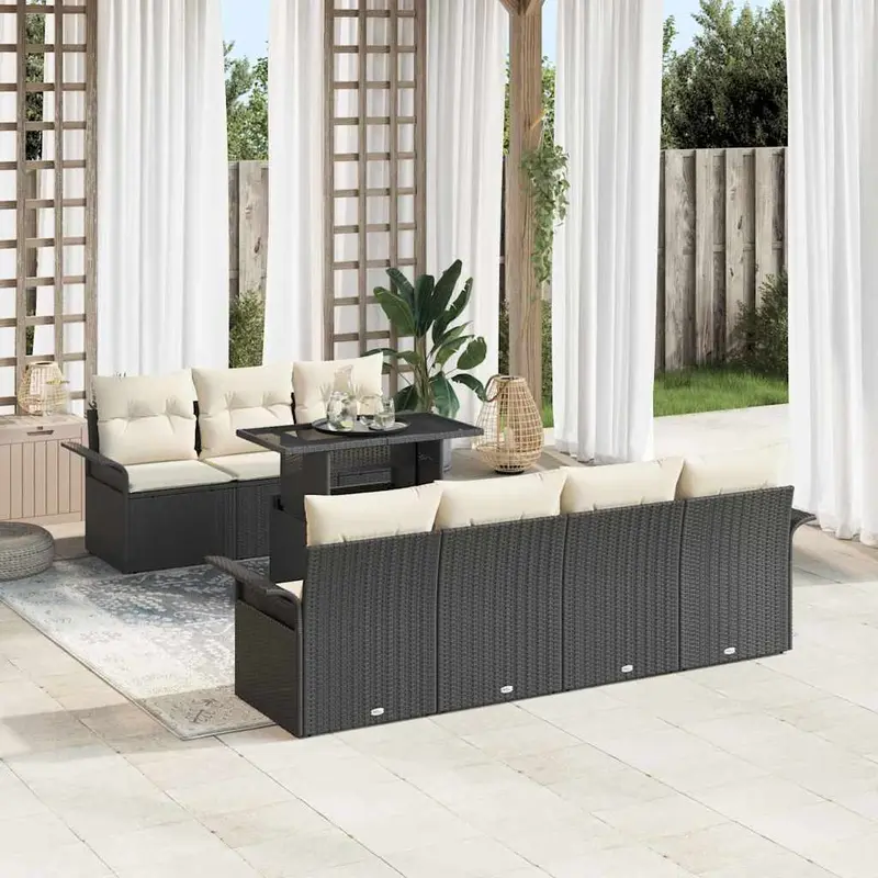 Conjunto de sofá de jardín 8 pcs Negro Rattan de Poliéster