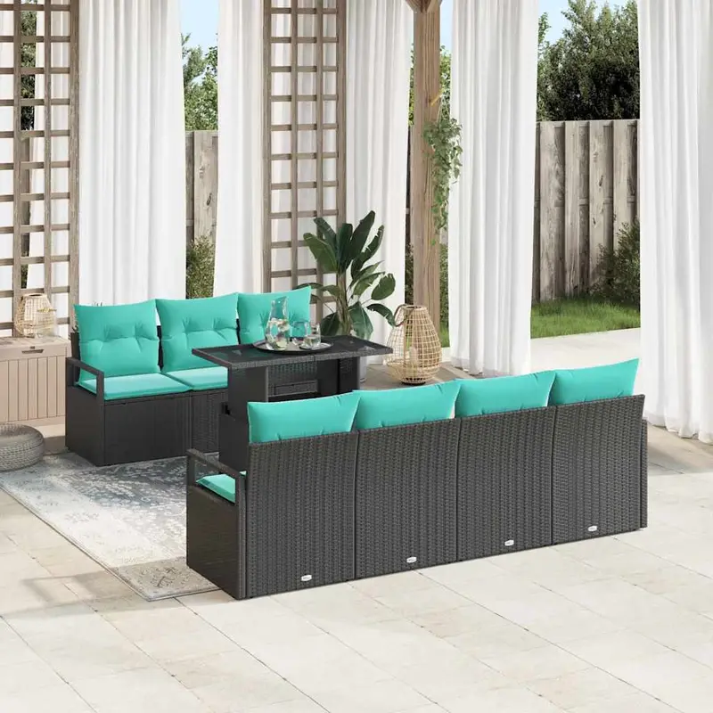 Conjunto de sofá de jardín 8 pcs Negro y azul ratán sintético