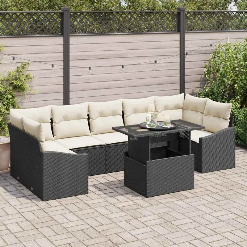 Conjunto de sofá de jardín 8 pcs Negro y crema ratán sintético