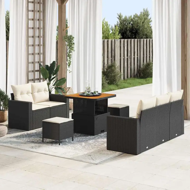 Conjunto de sofá de jardín 8 pcs Negro y crema ratán sintético