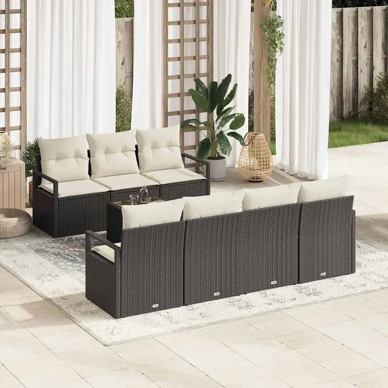 Conjunto de sofá de jardín 8 pcs Negro y crema ratán sintético
