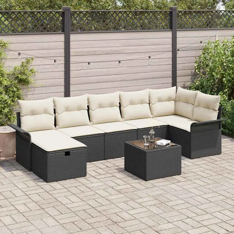 Conjunto de sofá de jardín 8 pcs Negro y crema ratán sintético