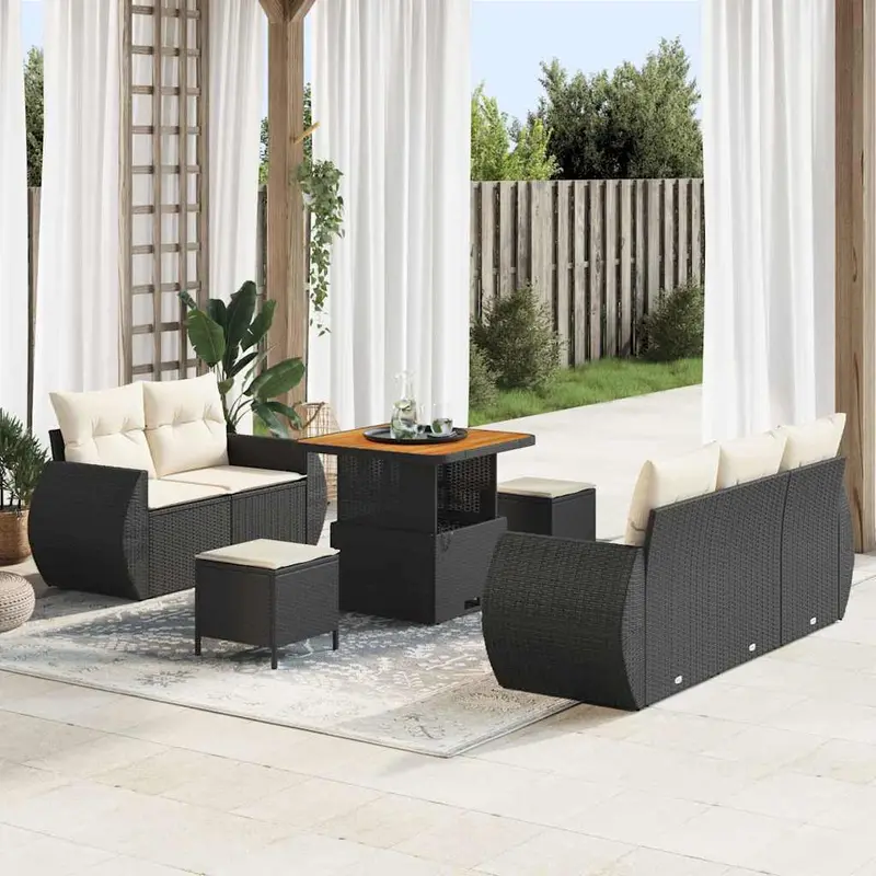 Conjunto de sofá de jardín 8 pcs Negro y crema ratán sintético