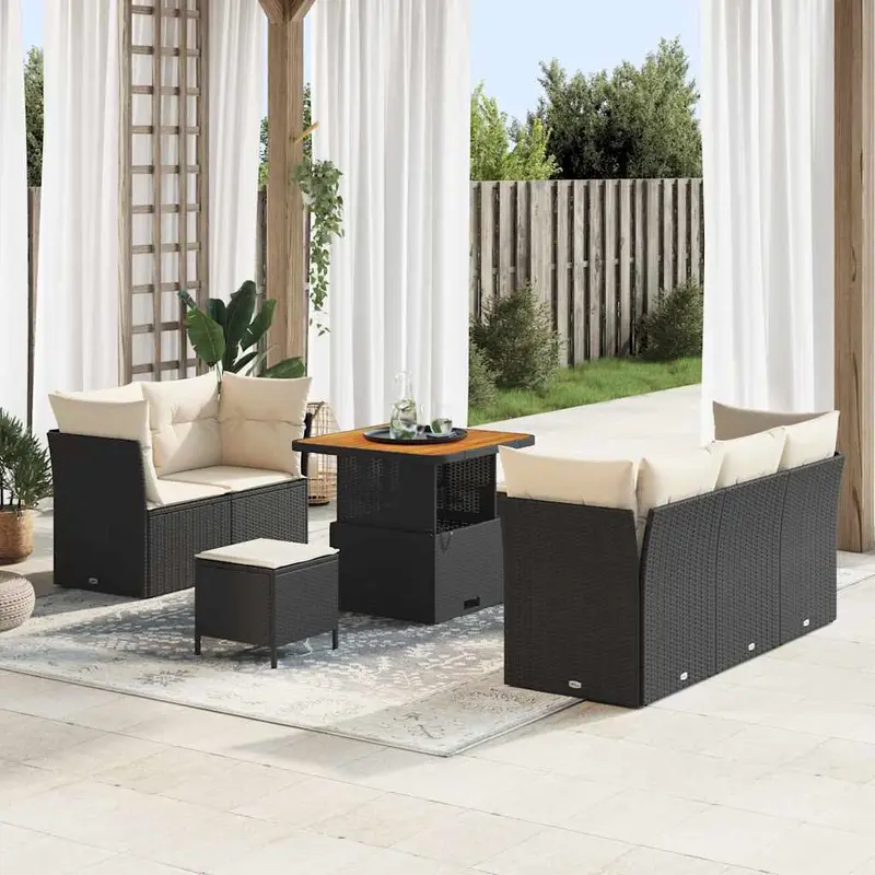Conjunto de sofá de jardín 8 pcs Negro y crema ratán sintético