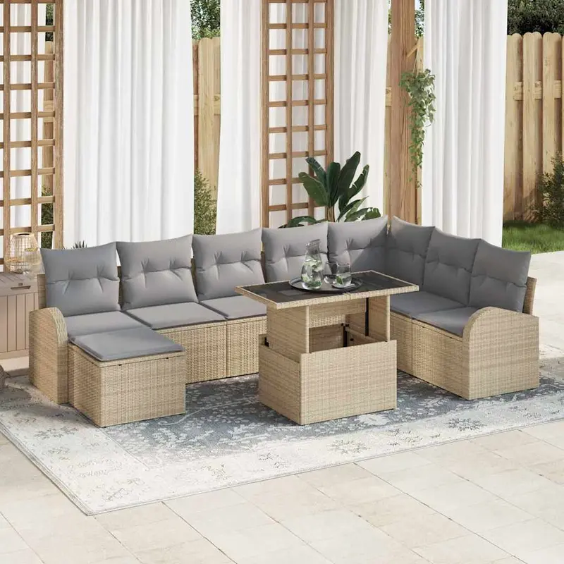 Conjunto de sofá de jardín 9 pcs Beige Poliratán