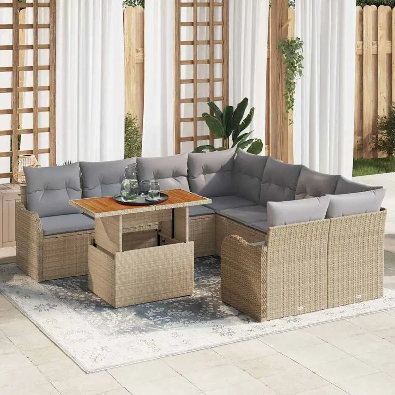Conjunto de sofá de jardín 9 pcs Beige Poliratán