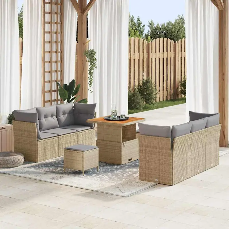 Conjunto de sofá de jardín 9 pcs Beige ratán sintético
