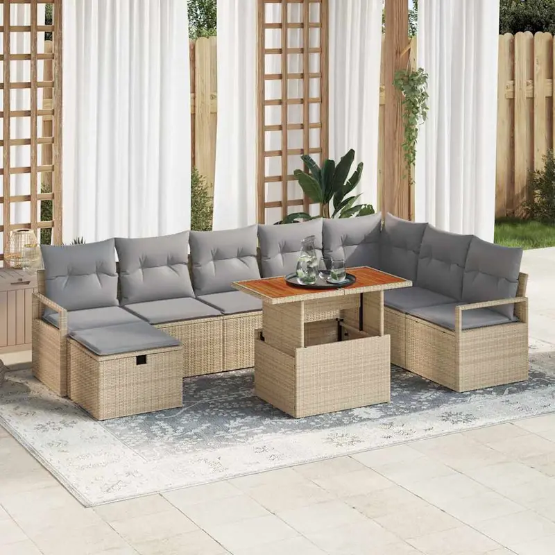 Conjunto de sofá de jardín 9 pcs Beige ratán sintético