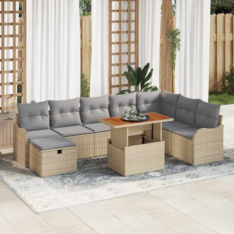 Conjunto de sofá de jardín 9 pcs Beige ratán sintético