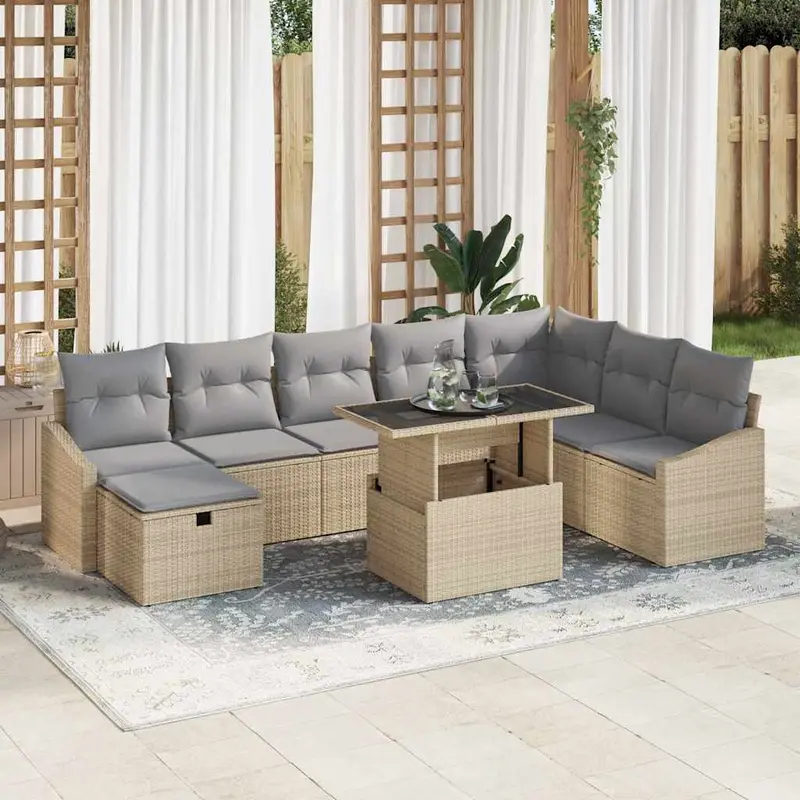 Conjunto de sofá de jardín 9 pcs Beige ratán sintético