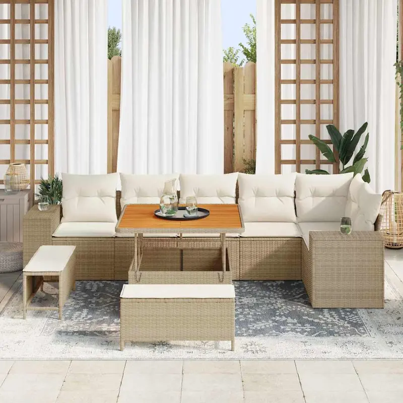 Conjunto de sofá de jardín 9 pcs Beige ratán sintético