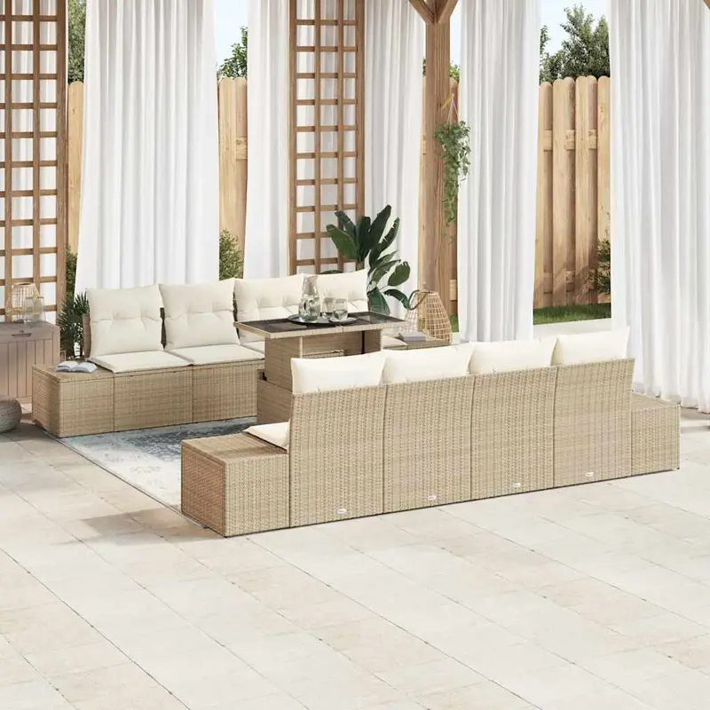 Conjunto de sofá de jardín 9 pcs Beige y Crema ratán sintético
