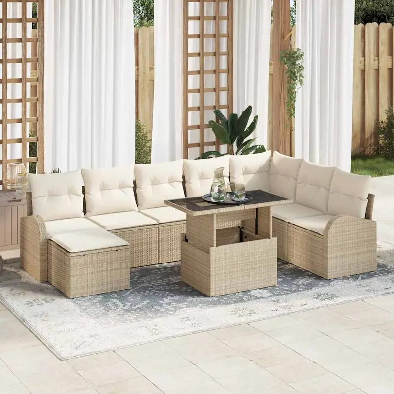 Conjunto de sofá de jardín 9 pcs Beige y Crema ratán sintético