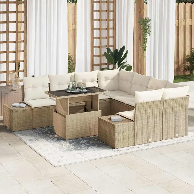 Conjunto de sofá de jardín 9 pcs Beige y Crema ratán sintético