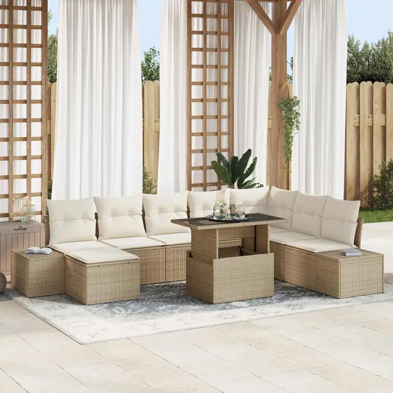 Conjunto de sofá de jardín 9 pcs Beige y Crema ratán sintético