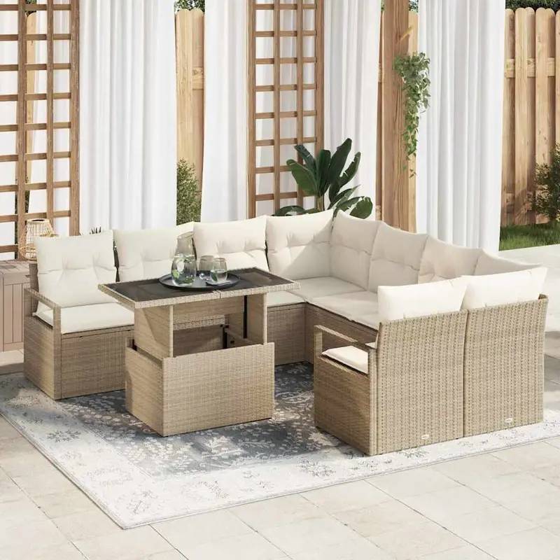 Conjunto de sofá de jardín 9 pcs Beige y Crema ratán sintético