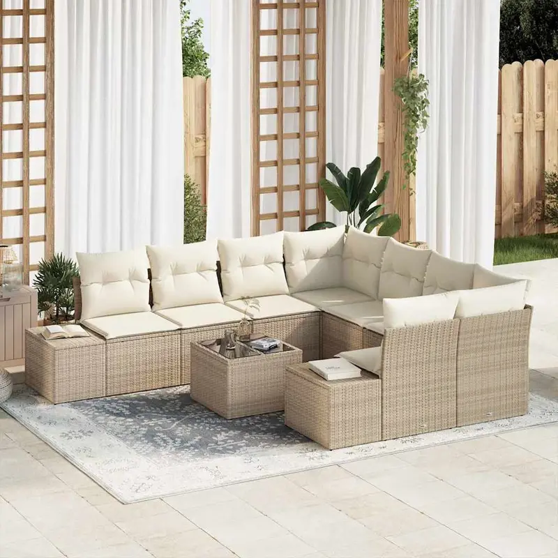 Conjunto de sofá de jardín 9 pcs Beige y Crema ratán sintético