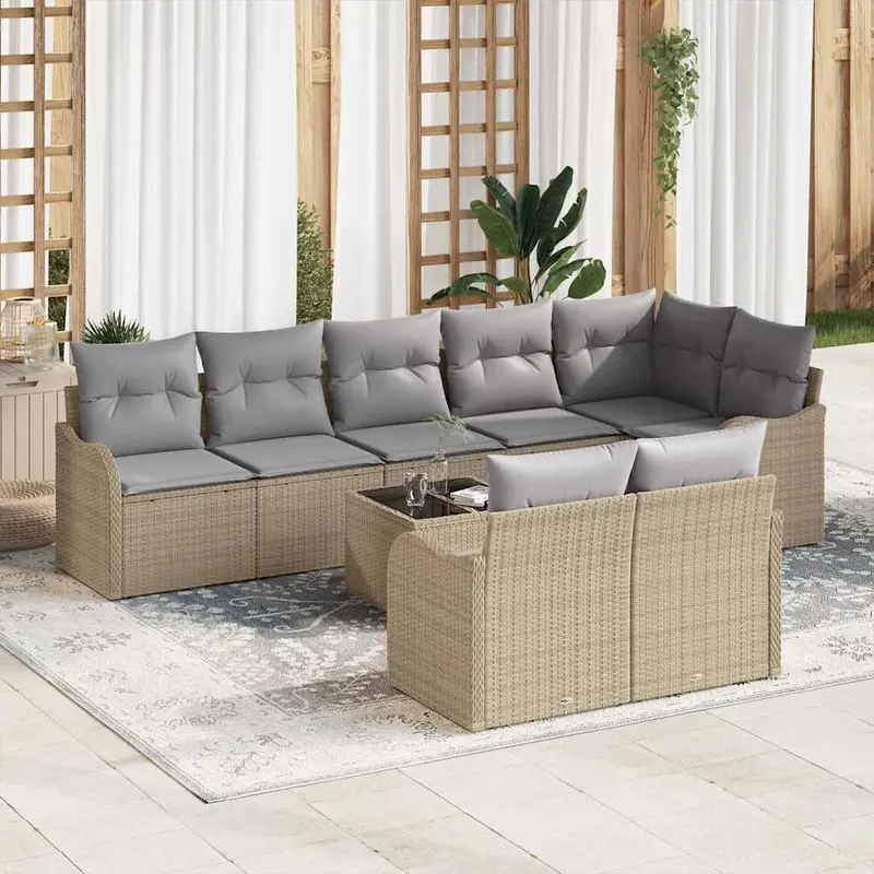 Conjunto de sofá de jardín 9 pcs beige y gris claro Poliratán