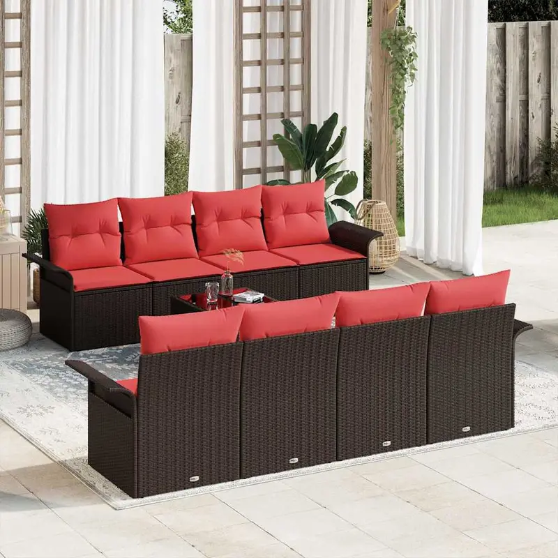 Conjunto de sofá de jardín 9 pcs Beige y Rojo ratán sintético