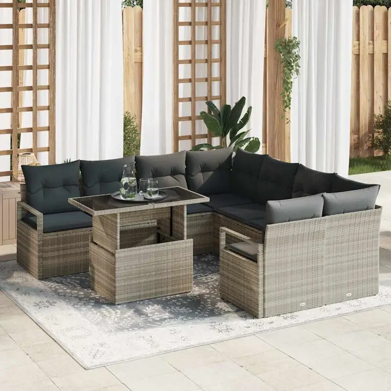 Conjunto de sofá de jardín 9 pcs Gris Claro Poliratán