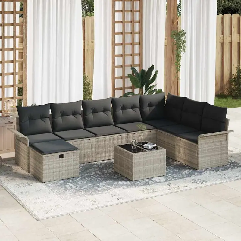 Conjunto de sofá de jardín 9 pcs Gris Claro ratán sintético