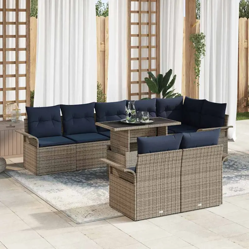 Conjunto de sofá de jardín 9 pcs Gris Rattan de Poliéster