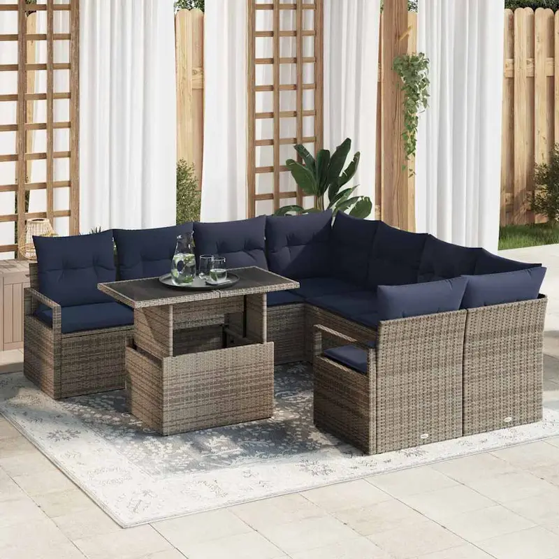 Conjunto de sofá de jardín 9 pcs Gris y azul marino