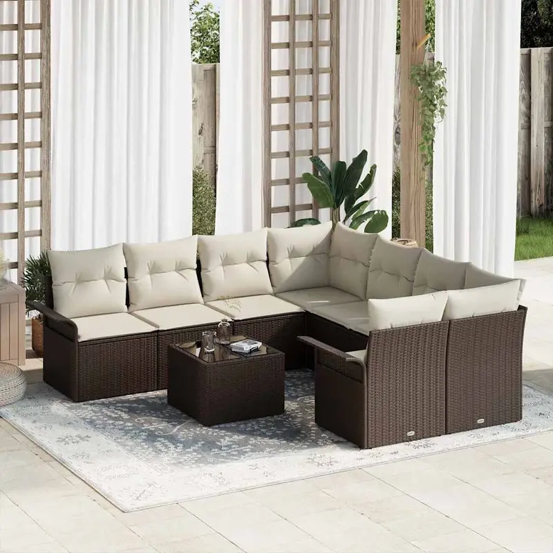 Conjunto de sofá de jardín 9 pcs Marrón Poliratán