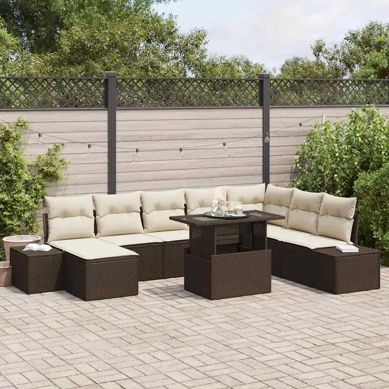 Conjunto de sofá de jardín 9 pcs Marrón Poliratán