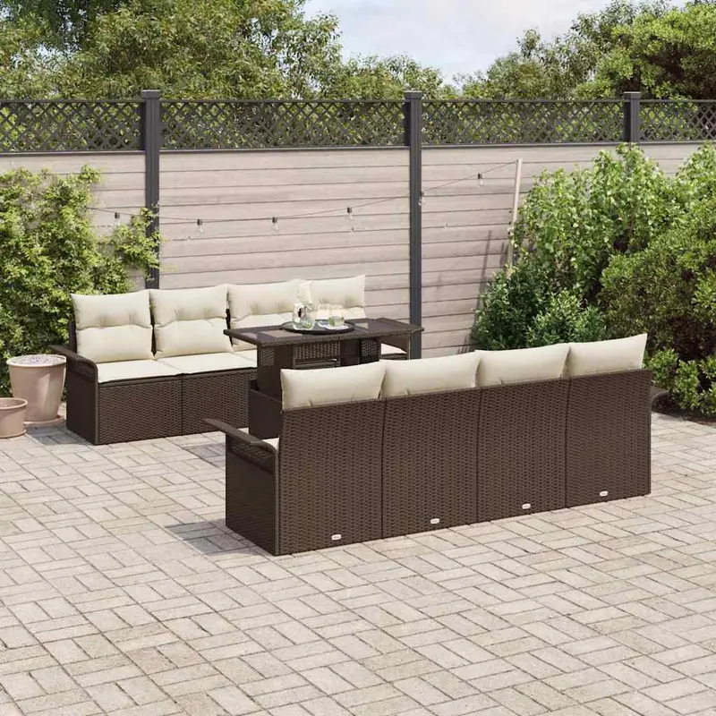 Conjunto de sofá de jardín 9 pcs Marrón ratán sintético