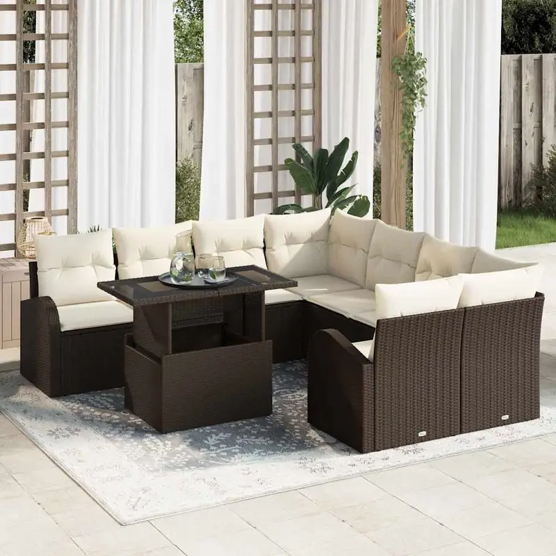 Conjunto de sofá de jardín 9 pcs Marrón ratán sintético