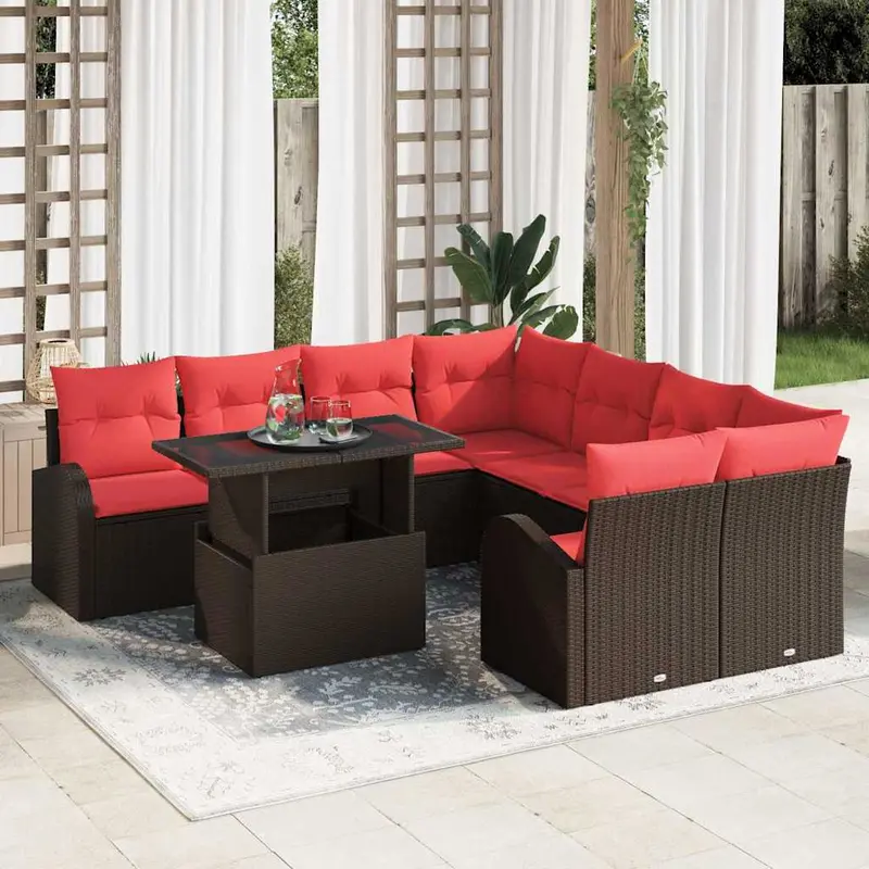 Conjunto de sofá de jardín 9 pcs Marrón ratán sintético