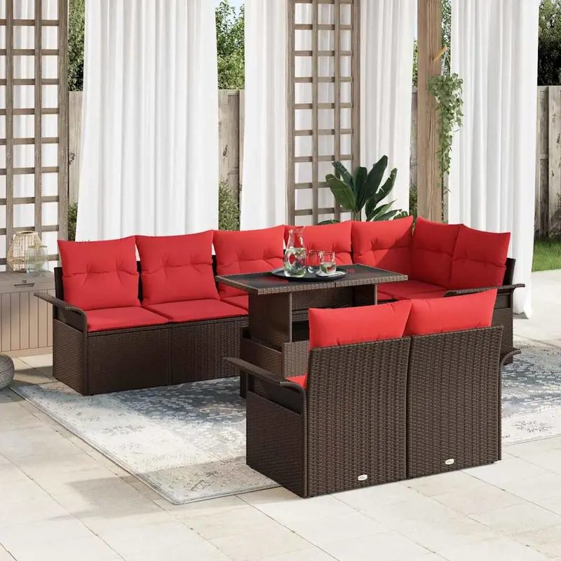Conjunto de sofá de jardín 9 pcs Marrón Rattan de Poliéster