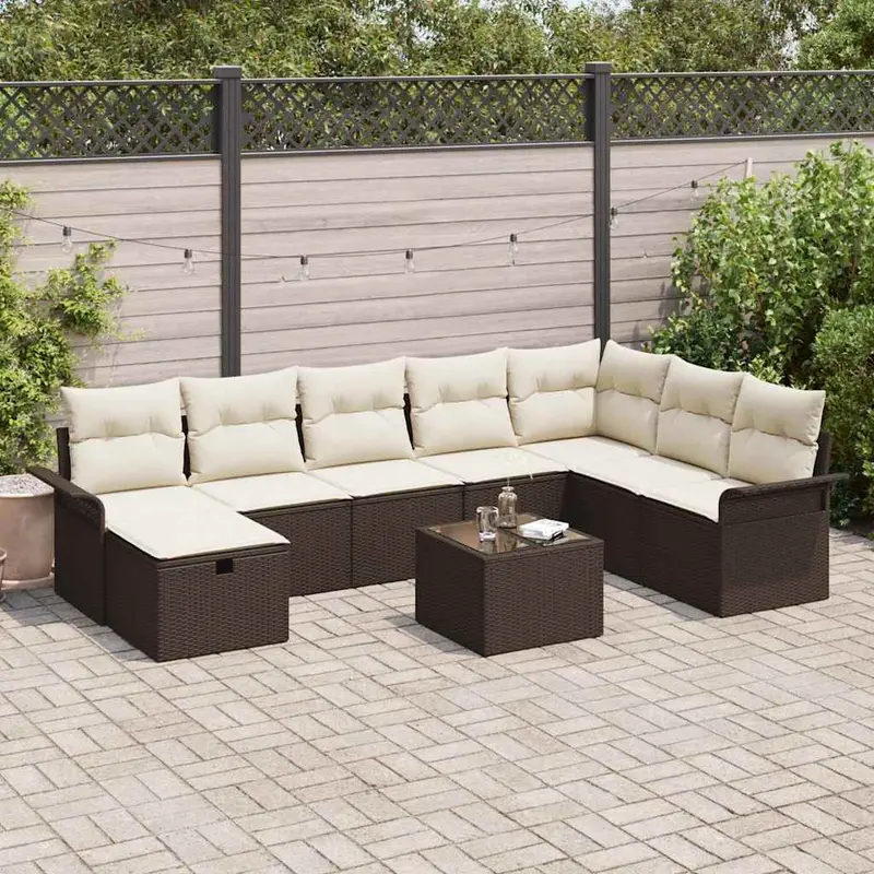 Conjunto de sofá de jardín 9 pcs Marrón y crema ratán sintético