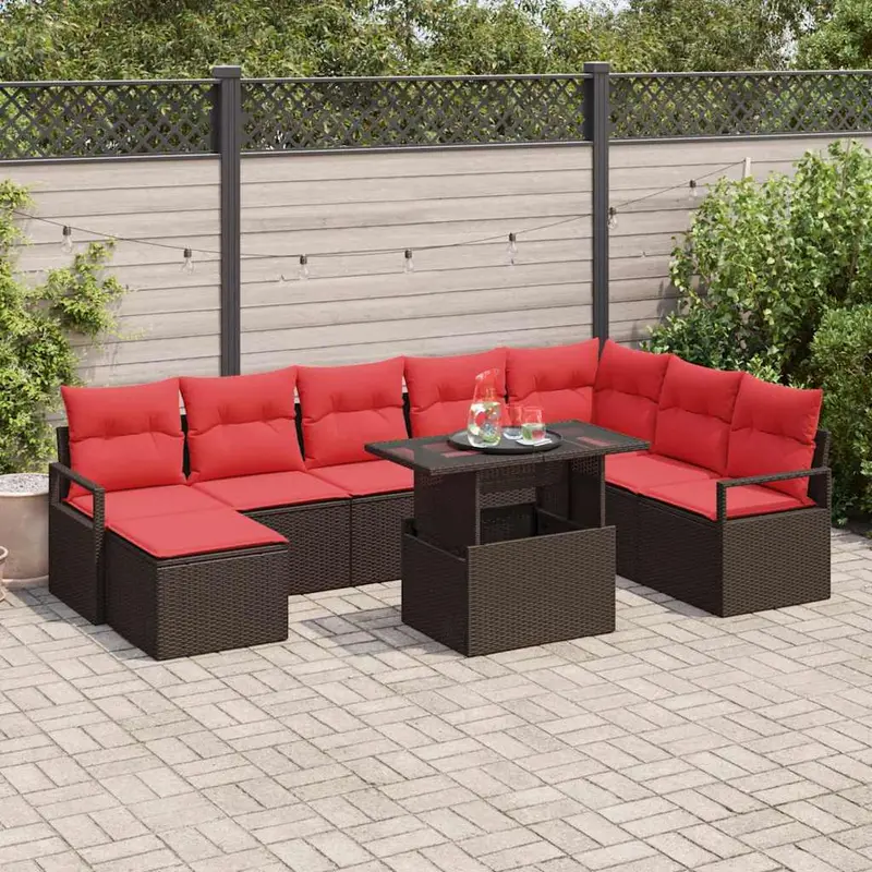 Conjunto de sofá de jardín 9 pcs Marrón y Rojo ratán sintético