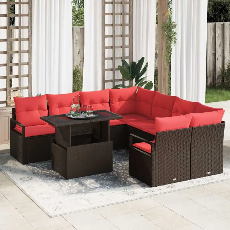 Conjunto de sofá de jardín 9 pcs Marrón y Rojo ratán sintético