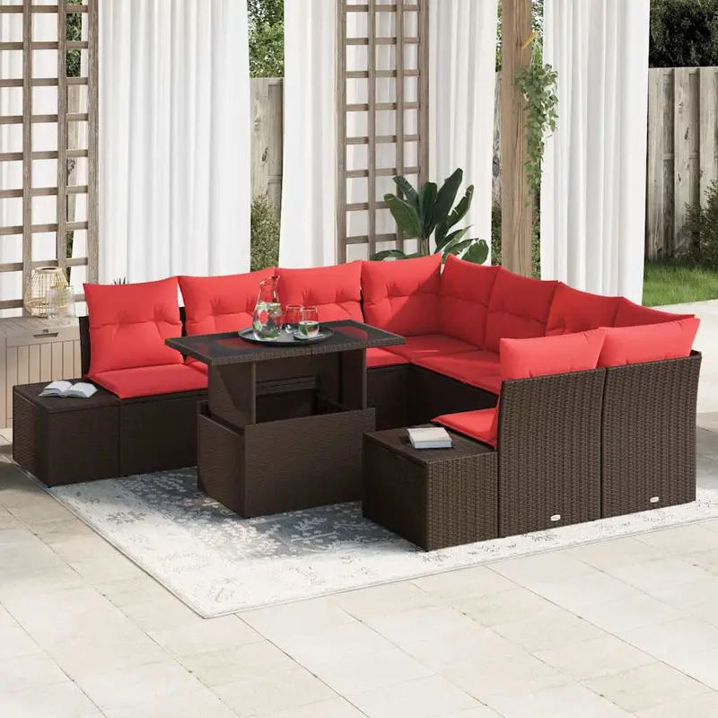 Conjunto de sofá de jardín 9 pcs Marrón y Rojo ratán sintético