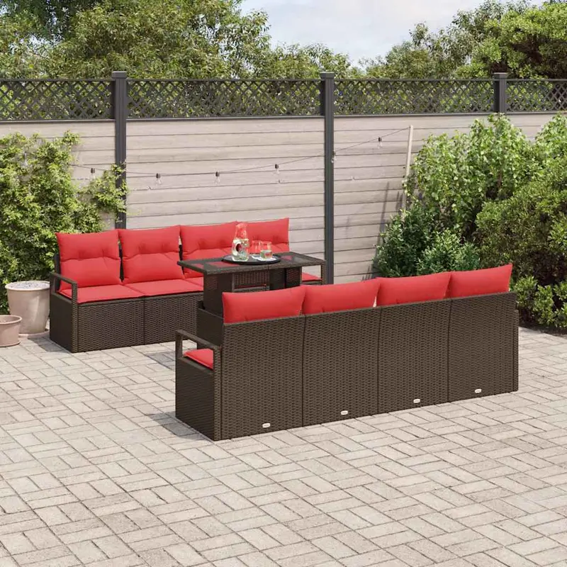 Conjunto de sofá de jardín 9 pcs Marrón y Rojo ratán sintético