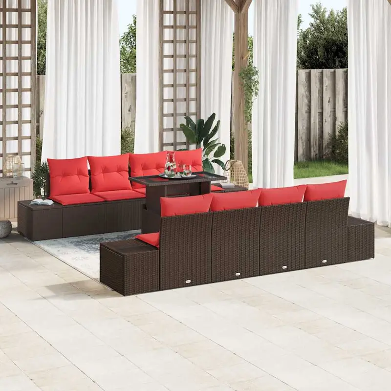 Conjunto de sofá de jardín 9 pcs Marrón y Rojo ratán sintético