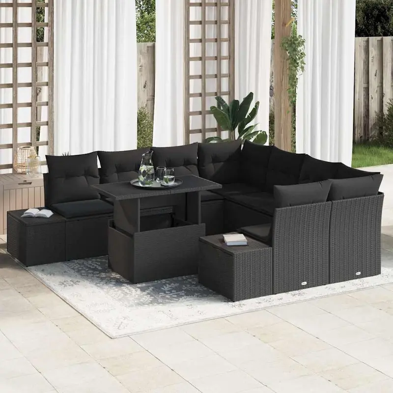 Conjunto de sofá de jardín 9 pcs Negro ratán sintético