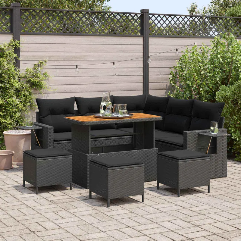Conjunto de sofá de jardín 9 pcs Negro ratán sintético