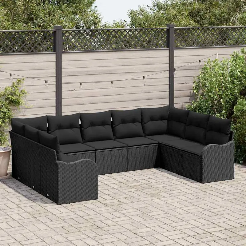 Conjunto de sofá de jardín 9 pcs Negro ratán sintético