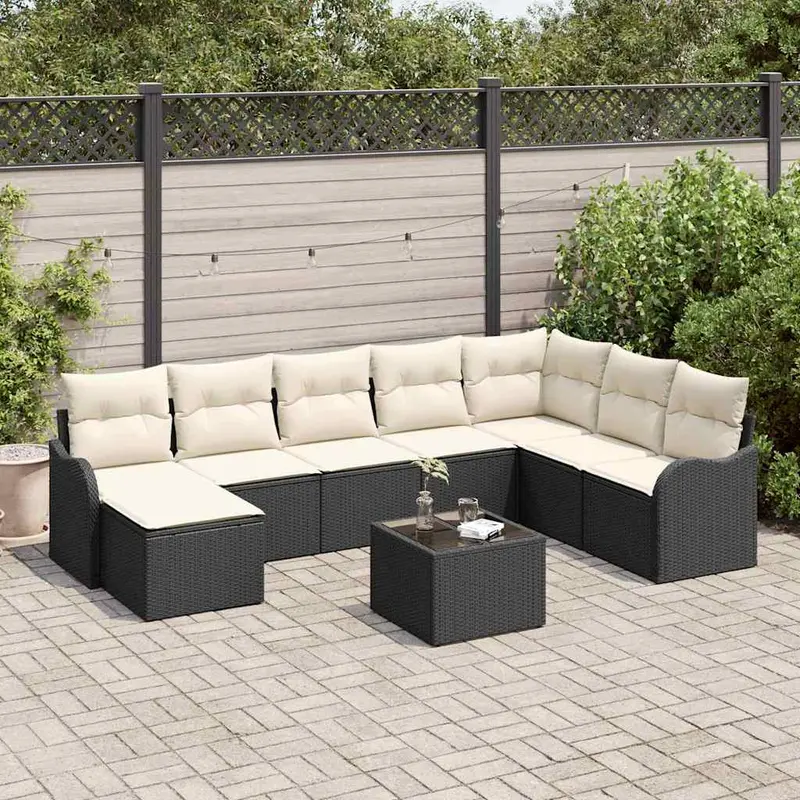 Conjunto de sofá de jardín 9 pcs Negro ratán sintético