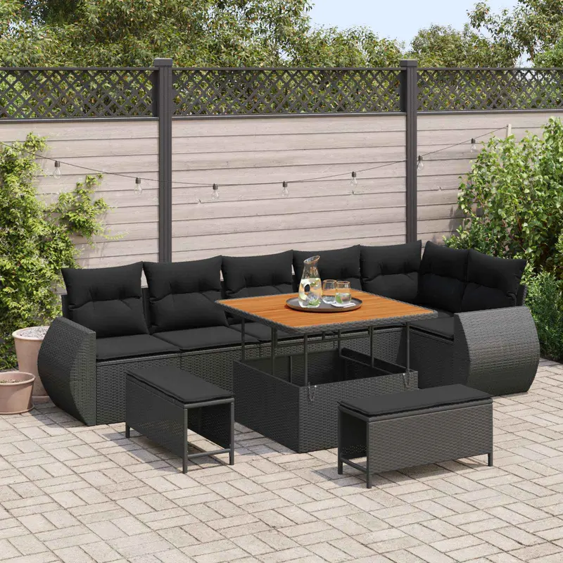 Conjunto de sofá de jardín 9 pcs Negro Rattan de Poliéster