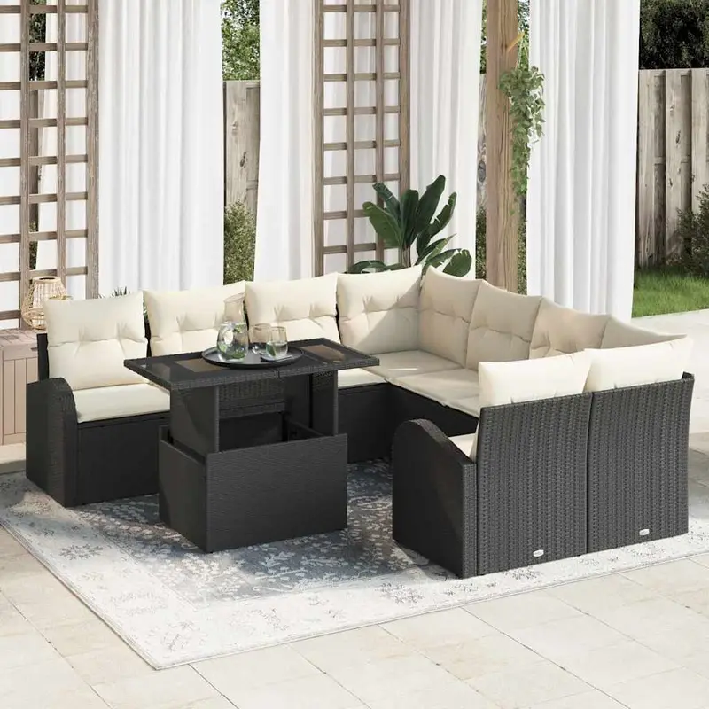 Conjunto de sofá de jardín 9 pcs Negro Rattan de Poliéster