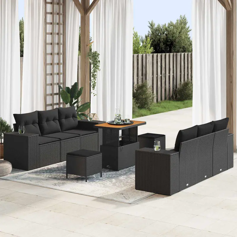 Conjunto de sofá de jardín 9 pcs Negro Rattan de Poliéster
